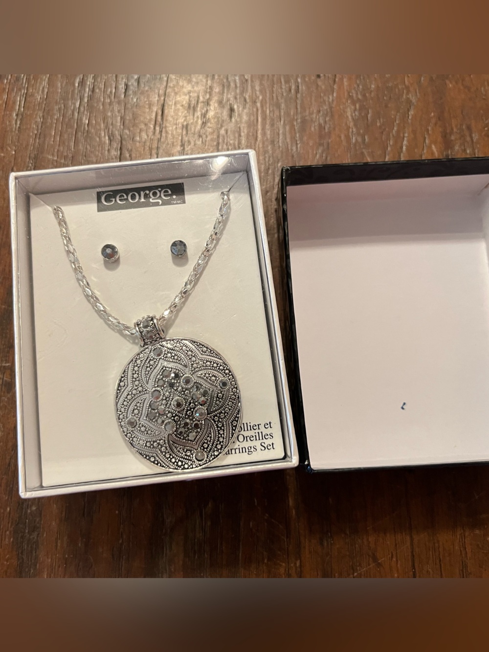 George Silver Tone Mandala Medallion Pendant Necklace & Stud Earrings Set NIB